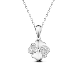 Platinum SHEGRACE Rhodium Plated 925 Sterling Silver Pendant Necklace, with Micro Pave AAA Cubic Zirconia, Four Leaf Clover, Platinum, 15.74 inch