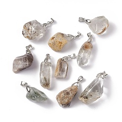 Quartz Lodolite Pendentifs naturels en quartz lodolite, avec les accessoires en laiton de tonalité de platine, nuggets, 20~40x10~20x8~15mm, Trou: 3x5mm