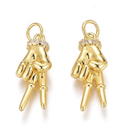 Real 18K Gold Plated Brass Micro Pave Clear Cubic Zirconia ASL Pendants, Peace Hand Charms, Long-Lasting Plated, with Jump Rings, Yeah Gesture Pendants, Real 18K Gold Plated, 21x9x5.5mm, Hole: 3mm, Jump Ring: 5x1mm