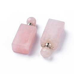 Rose Quartz Faceted Natural Rose Quartz Openable Perfume Bottle Pendants, with 304 Stainless Steel Findings, Cuboid, Stainless Steel Color, 42~45x16.5~17x11mm, Hole: 1.8mm, Bottle Capacity: 1ml(0.034 fl. oz)