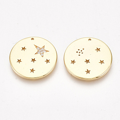 Real 18K Gold Plated Brass Pendants, with Cubic Zirconia, Flat Round with Star, Clear, Nickel Free, Real 18K Gold Plated, 20x1.5mm, Hole: 1mm