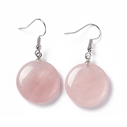 Quartz Rose Boucles d'oreilles rondes plates en quartz rose naturel, bijoux en laiton platine pour femme, 42mm, pin: 0.7 mm