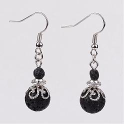 Lava Rock Natural Lava Rock Bead Dangle Earrings, with Brass Earring Hooks, Alloy and Iron Findings, Platinum, 42mm