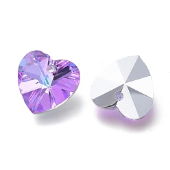 Lilac Faceted Glass Charms, Heart, Back Plated, Lilac, 14x14x7.5mm, Hole: 1.4mm
