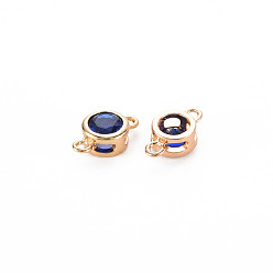 Capri Blue Brass Connector Charms, with Rhinestone, Nickel Free, Real 18K Gold Plated, Flat Round, Capri Blue, 9x5x3mm, Hole: 1mm