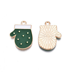 Verde Colgantes de esmalte de aleación de estilo navideño, sin plomo y cadmio, la luz de oro, guantes, verde, 21.5x16x1.5 mm, agujero: 1.8 mm