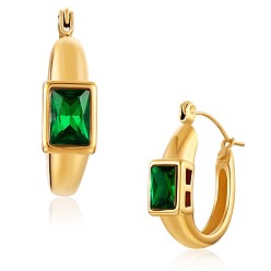 Golden Green Cubic Zirconia Rectangle Hoop Earrings, 430 Stainless Steel Jewelry for Women, Golden, 23x7mm