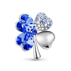 369_Cobalt SHEGRACE Glamorous Platinum Plated Zinc Alloy Brooch, Micro Pave AAA Cubic Zirconia Four Leaf Clover with Austrian Crystal, 369_Cobalt, 25x22mm
