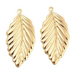 Real 18K Gold Plated Brass Pendants, Leaf Charms, Real 18K Gold Plated, 45.5x21.5x2mm, Hole: 2mm