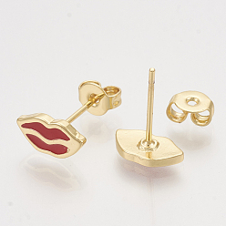 Red Brass Stud Earrings, with Enamel and Ear Nuts, Lip, Golden, Red, 5x10mm, Pin: 0.7mm