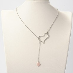 Rose Quartz Trendy Alloy Heart Lariat Necklaces, with Rose Quartz Beads, Stainless Steel Cable Chains and Brass Lobster Claw Clasps, Platinum, 18.1 inch