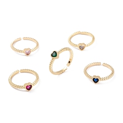 Mixed Color Brass Micro Pave Cubic Zirconia Cuff Rings, Open Rings, Long-Lasting Plated, Real 18K Gold Plated, Heart, Mixed Color, 2mm, Inner Diameter: 17mm