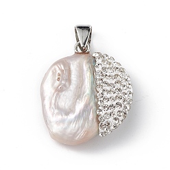 Clair Pendentifs en perles keshi baroques naturelles, breloques pépites de perles d'eau douce, avec zircons, clair, 19~28.5x20.5~31x6.5~10mm, Trou: 8mm