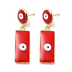 Red Rectangle with Evil Eye Enamel Dangle Stud Earrings, Real 18K Gold Plated Brass Jewelry for Women, Red, 43mm, Pin: 0.9mm