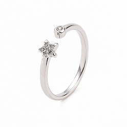 Platinum Clear Cubic Zirconia Star Open Cuff Ring, Brass Jewelry for Women, Platinum, Inner Diameter: 16mm