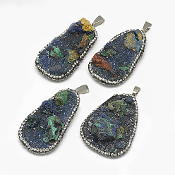 Natural Gemstone Natural Azurite Big Pendants, with Rhinestone and Brass Finding, Nuggets, Platinum, 52~58x32~42x15~25mm, Hole: 9x6mm