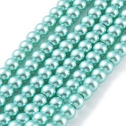 Aguamarina mediana Bicarbonato de vidrio pintado nacarado perla hebras grano redondo, aguamarina mediana, 6~7 mm, agujero: 1 mm, sobre 145 unidades / cadena, 31.4 pulgada