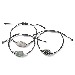 Mixed Stone Natural Mixed Gemstone Bullet Link Bracelets, Black Briaded Waxed Polyester Cords Adjustable Bracelet, Inner Diameter: 3-3/8 inch(8.5cm)