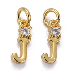 Letter J Brass Micro Pave Clear Cubic Zirconia Pendants, with Jump Rings, Real 18K Gold Plated, Long-Lasting Plated, Letter, Letter.J, 10x3x2mm
