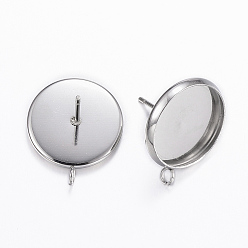 Stainless Steel Color 304 Stainless Steel Stud Earring Settings, with Loop, Flat Round, Stainless Steel Color, Tray: 12mm, 16.5x14x2mm, Hole: 2mm, Pin: 0.8mm