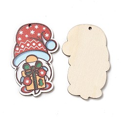 Red Single Face Christmas Printed Wood Big Pendants, Gnome Charms, Red, 55x35.5x2.5mm, Hole: 2mm