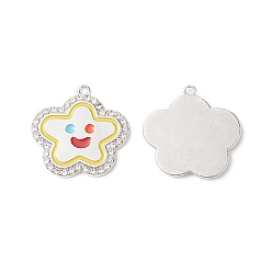 Platinum Alloy Enamel Pendants, with Crystal Rhinestone, Lead Free & Cadmium Free, Star with Smiling Face  Charm, Platinum, 28x29x2mm, Hole: 2mm