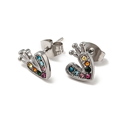 Colorful Heart with Crown 304 Stainless Steel Rhinestone Stud Earrings, 316 Surgical Stainless Steel Pin Ear Studs, with Ear Nuts, Stainless Steel Color, Colorful, 9x7.5mm, Pin: 0.7mm