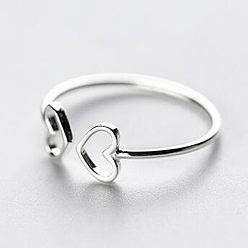 Silver Sterling Silver Double Heart Open Cuff Ring for Women, Silver, Inner Diameter: 16~17mm