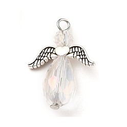 Clear Electroplate Glass Pendants, with Wing Alloy Beads and Iron Findings, Angel, Antique Silver & Platinum, Clear, 27~29x20x9~10mm, Hole: 2.5mm