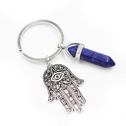 Lapis Lazuli Natural Lapis Lazuli Pendant Keychains, with Alloy Pendants and Iron Rings, Bullet Shape with Hamsa Hand, 7.2cm