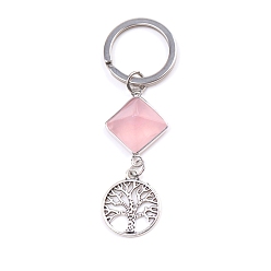 Quartz Rose Porte-clés pendentif détachable en forme de pyramide de quartz rose naturel, Breloque arbre de vie en métal pour ornements de sac à clés de voiture, 6.6x2 cm