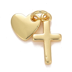 Real 18K Gold Plated Rack Plating Real 18K Gold Plated Brass Pendants, with Jump Rings, Long-Lasting Plated, Lead Free & Cadmium Free, Cross & Heart, Real 18K Gold Plated, 17mm, Jump Ring: 4.6x0.8mm, 3mm Inner Diameter, Heart: 8x8x1mm, Cross: 15x8x1.5mm