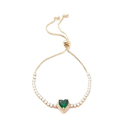 Green Cubic Zirconia Heart Link Silder Bracelet with Crystal Rhinestone, Real 18K Gold Plated Brass Jewelry for Women, Green, 10-5/8 inch(27cm)