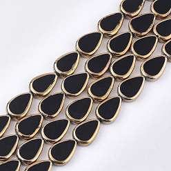 Black Electroplate Glass Beads Strands, Edge Plated, Teardrop, Black, 16.5x11.5x5mm, Hole: 1mm, about 20pcs/strand, 12.9 inch
