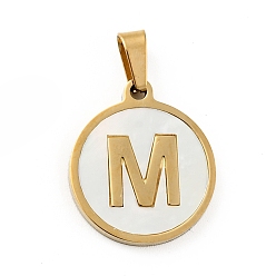 Letter M Vacuum Plating 304 Stainless Steel with White Shell Pendants, Golden, Flat Round with Letter Charm, Letter.M, 18x16x1.5mm, Hole: 3x6mm
