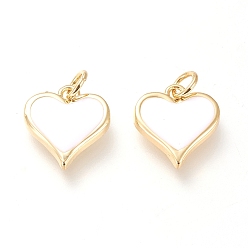 White Real 18K Gold Plated Brass Charms, with Enamel and Jump Rings, Long-Lasting Plated, Heart, White, 14x13x2.8mm, Jump Ring: 5x1mm, 3mm Inner Diameter