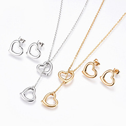 Golden & Stainless Steel Color 304 Stainless Steel Jewelry Sets, Lariat Necklaces and Stud Earrings, Heart, Golden & Stainless Steel Color, 18.3 inch(46.5cm), 1.5mm, 13.5x14mm, Pin: 0.7mm