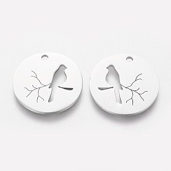 Stainless Steel Color 304 Stainless Steel Pendants, Flat Round with Bird, Stainless Steel Color, 20x1.1mm, Hole: 1.5mm