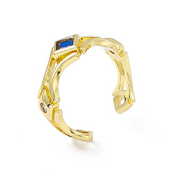 Bleu Foncé Bague de manchette ouverte losange zircone cubique, bijoux en laiton doré pour femme, bleu foncé, diamètre intérieur: 18.4 mm