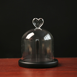 Noir Couvercle de dôme en verre à haute teneur en borosilicate, vitrine décorative coeur, terrarium cloche cloche avec base en bois, noir, 100x130mm