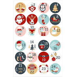 Mixed Color Christmas PVC Plastic Sticker Labels, Self-adhesion, for Suitcase, Skateboard, Refrigerator, Helmet, Mobile Phone Shell, Round, Number 1~24 Pattern, Mixed Color, 45mm,  Sheet: 31x20mm, 24pcs/sheet