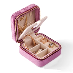 Perlas de Color Rosa Cajas con cremallera para almacenamiento de joyas de terciopelo cuadrado de 2 niveles con espejo en el interior, Estuche organizador de joyas de viaje portátil para anillos., Aretes, , almacenamiento de pulseras, rosa perla, 10x10x5 cm