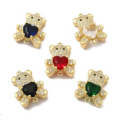 Mixed Color Rack Plating Brass Micro Pave Clear Cubic Zirconia Connector Charms, Bear Links with Glass, Long-Lasting Plated, Cadmium Free & Lead Free, Real 18K Gold Plated, Mixed Color, 20x16x7mm, Hole: 1.2mm