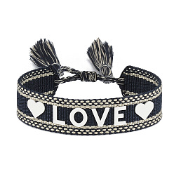 Noir Bracelet cordon tressé motif mot amour en silicone avec pompons en polyester, bracelet plat réglable pour femme, noir, diamètre intérieur: 5-7/8~9-1/2 pouce (15~24 cm)