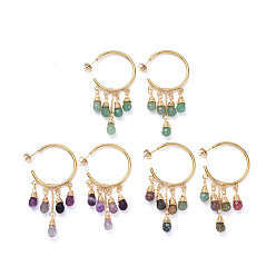 Mixed Stone 304 Stainless Steel Dangle Stud Earrings, Half Hoop Earrings, with Ear Nuts, Natural Gemstone Pendants and Brass Cable Chains, 50.5mm, Pin: 0.8mm