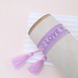 Prune Bracelet cordon polyester style ethnique bohème, bracelet réglable mot amour avec breloques pompon, prune, 9-1/2 pouce (24 cm)