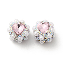 Rose Polymer Clay Rhinestone Beads, with Imitation Pearl, Heart, Rose, 17.5x17x14mm, Hole: 1.6mm