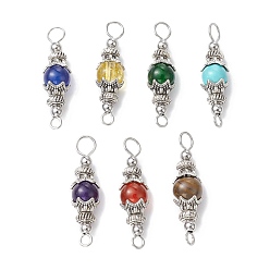 Mixed Stone 7Pcs 7 Styles Mixed Gemstone Round Connector Charms, with Antique Silver Tone Alloy Bead Caps, Dyed and Undyed, 29.5x8.5mm, Hole: 1.8mm and 3.3mm, 1pc/style