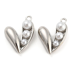 Platino Aleación con colgantes de perlas de imitación de plástico abs., encanto del corazón, Platino, 22x17x7.5 mm, agujero: 1.8 mm