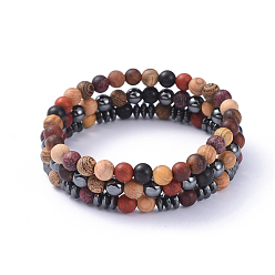 Mixed Material Stretch Bracelets Set, Stackable Bracelets, with Wood Beads and Non-Magnetic Synthetic Hematite Beads, Burlap Bags, 2-1/4 inch(5.7cm), 3pcs/set